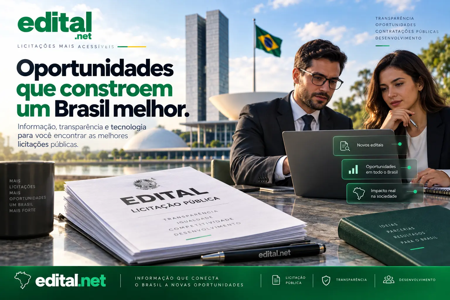 Licitação pública no Brasil com edital, prédios governamentais e fornecedores analisando oportunidades